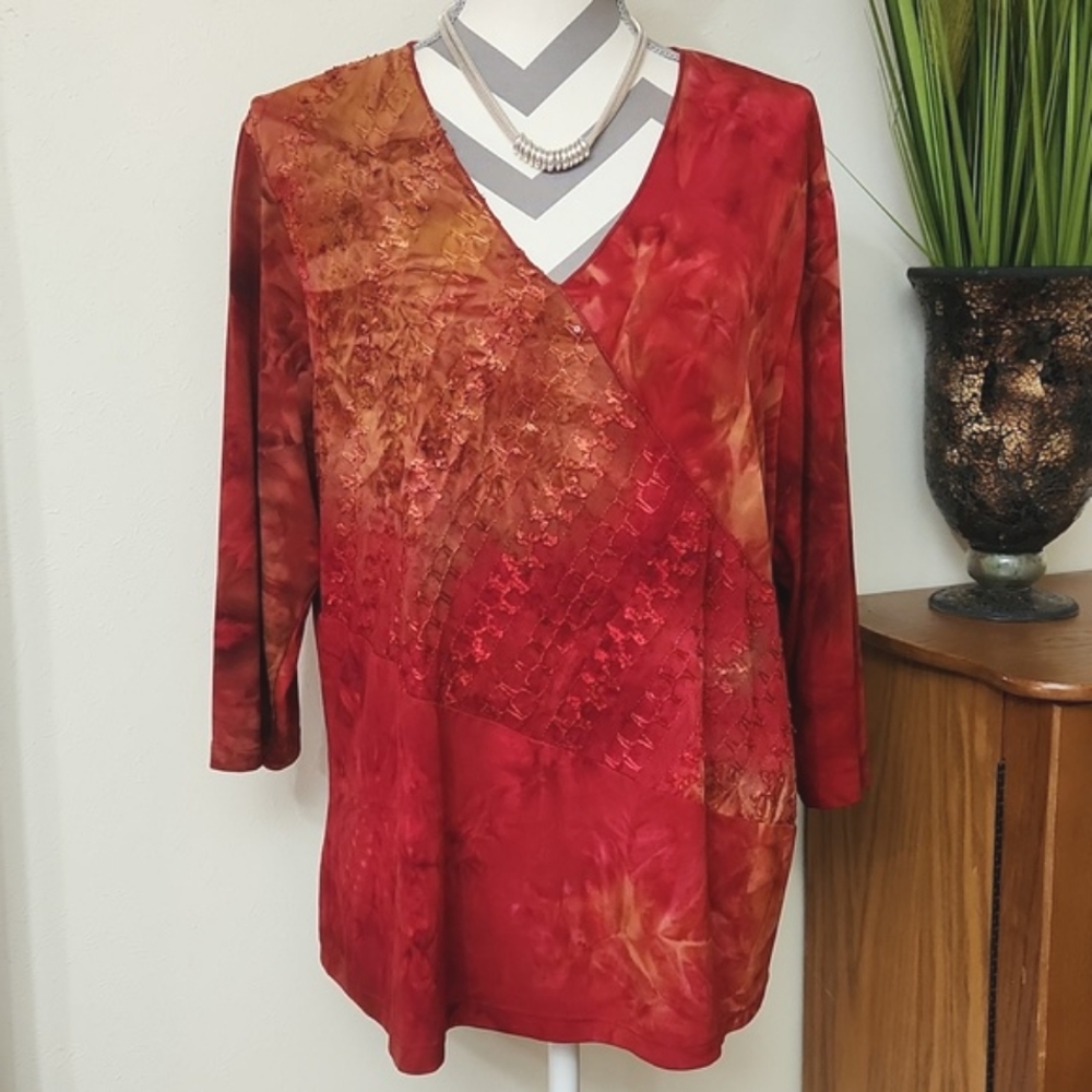 Women's Red Patchwork V-Neck Tunic Top